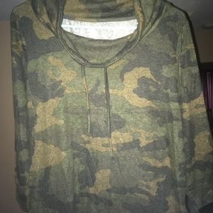 Women's green camo super-soft cowlneck pullover```